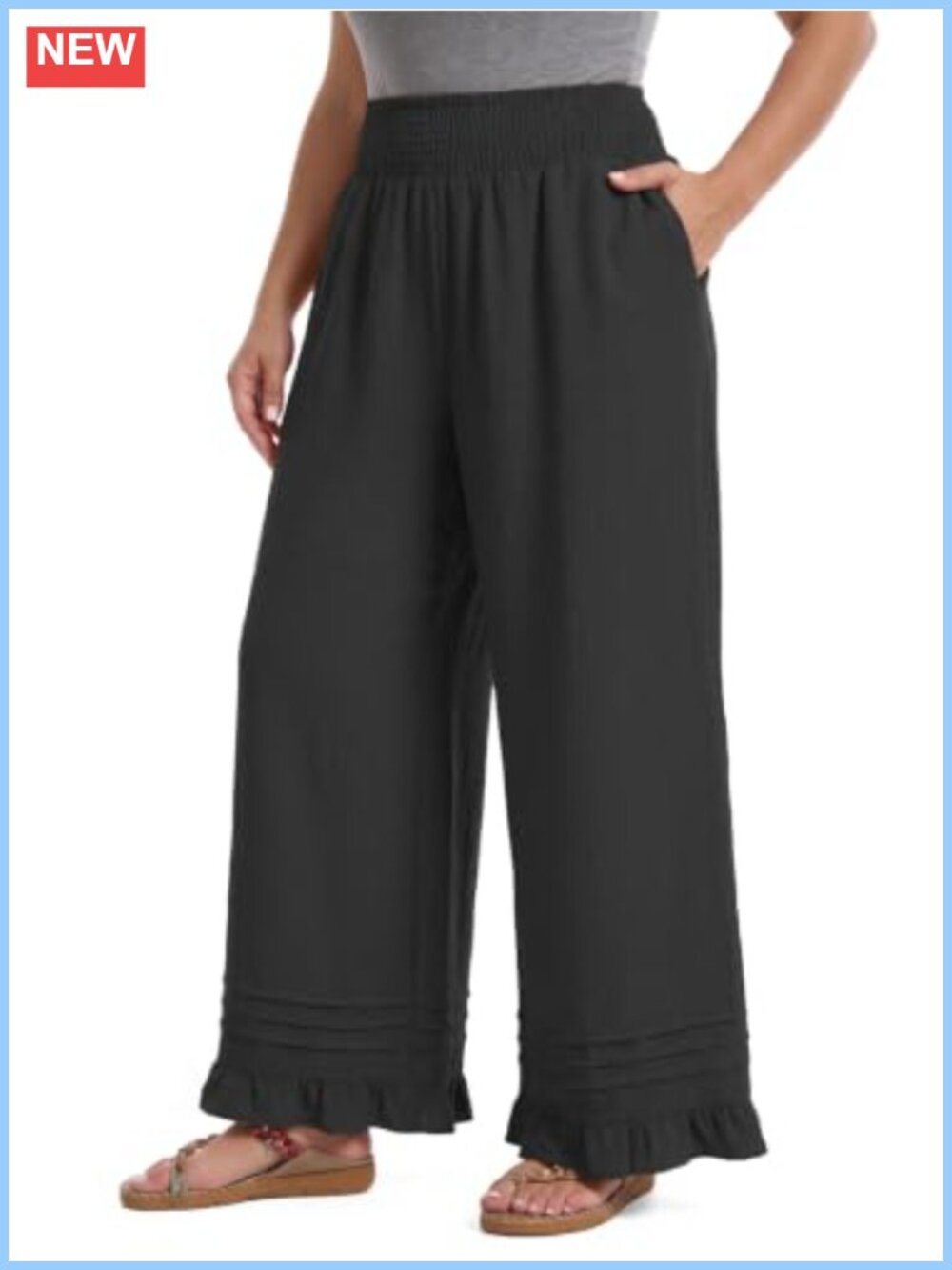 Wide Leg Palazzo Pants High Rise Ruffle Hem Pull On Lightweight